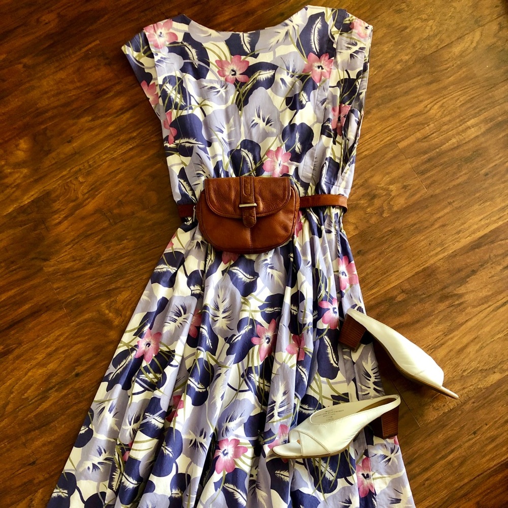 Vtg 80s HI/Tropical Print Midi Dress